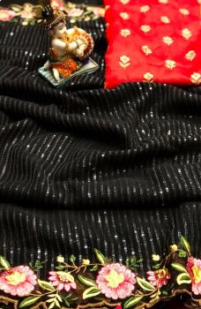 Black Chiffon With Sequence Embroidery Work Saree From Banaras