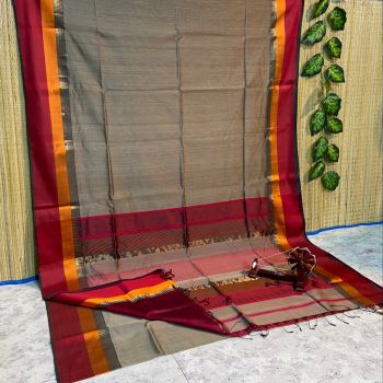 Brown Grey Pure Handloom Silk Saree