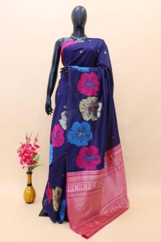 Nile Blue Pure Handloom Tassar Ghicha Bapta Silk Flower Design Saree
