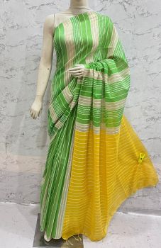 Lime Green Kota Silk Flag Stripe Saree From Bhagalpur