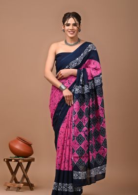 Raspberry Pink Pure Handloom Mulmul Saree From Bengal