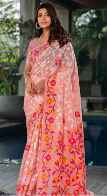 Coral Pink Pure Handloom Cotton Jamdani Saree From Banaras