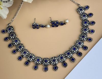 Silver Pure Oxidised Necklace With Blue Stone Jewellery