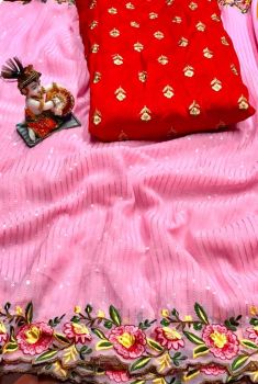 Pink Chiffon With Sequence Embroidery Work Saree From Banaras