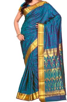 Blue Banarasi Art Silk Antique Gold Zari From Banaras