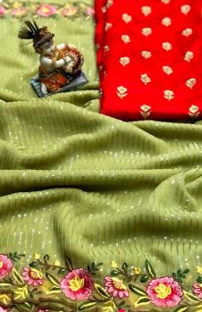 Light Olive Green Chiffon With Sequence Embroidery Work Saree From Banaras
