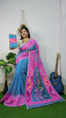Sky Blue Pure Handloom Dhakai Jamdani Saree From Bengal
