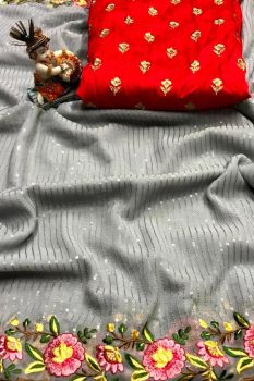 Grey Chiffon With Sequence Embroidery Work Saree From Banaras