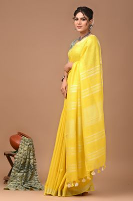 Yellow Pure Handloom Linen By Linen Saree From Bengal