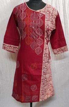 Wine Red Pure Handloom Kantha Stitch Kurti From Bengal