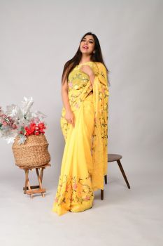 Yellow Flower Jal Cutwork Pure Georgette Silk Saree