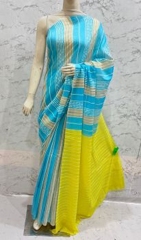 Pacific Blue Kota Silk Flag Stripe Saree From Bhagalpur