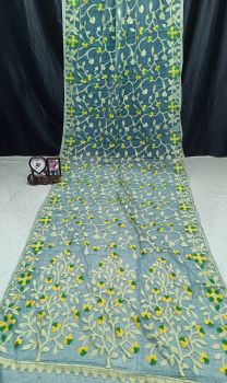 Blue Pure Handloom Muslin Dhakai Jamdani Cotton Saree From Bengal