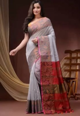 Gray Pure Handloom Silk Cotton Saree From Banaras