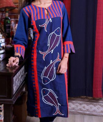 Navy Blue Pure Handloom Long Kurti From Bengal
