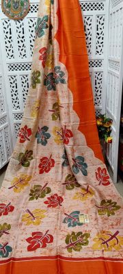Light Pinkish Brown Pure Handloom Kantha Silk Saree From Bengal
