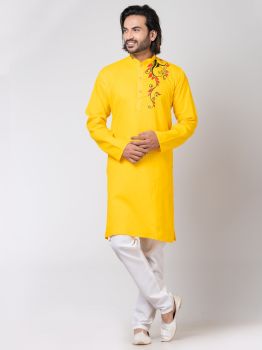 Yellow Pure Handloom Katha Stitch Kurta From Bengal