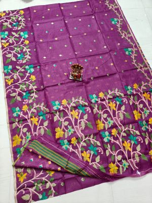 Purple Pure Handloom Muslin Silk Saree From Bengal