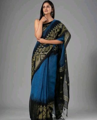 Multi Colour Pure Handloom Linen By Linen Saree From Bengal