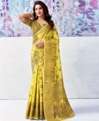 Mustard Yellow Pure Handloom Silk Cotton Saree From Banaras