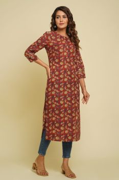 RED FLOWER PRINTED STRAIGHT KURTI