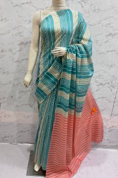 Dark Grey Kota Silk Flag Stripe Saree From Bhagalpur