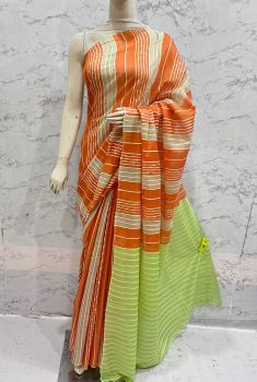 Orange Kota Silk Flag Stripe Saree From Bhagalpur