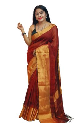 Red Pure Handloom Linen Saree From Bengal