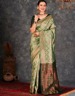 Olive Green Pure Handloom Banarasi Silk Saree From Banaras