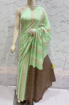 Light Green Kota Silk Flag Stripe Saree From Bhagalpur