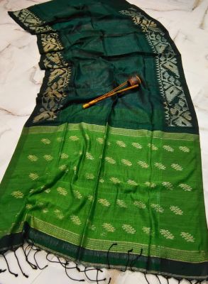 Green Pure Handloom Linen By Linen Saree From Bengal