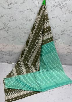 Greyish Teal And Brown Kota Silk Flag Stripe Saree From Bhagalpur