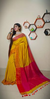 Golden Pure Handloom Tissue Silk Saree From Bengal