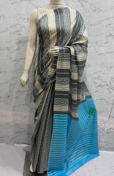 Grey Kota Silk Flag Stripe Saree From Bhagalpur