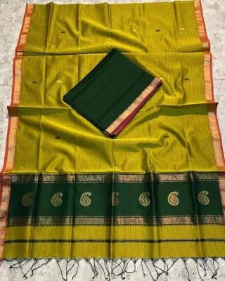Mehandi Green Pure Handloom Maheshwari Silk Saree From Bengal
