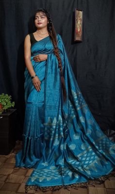 Teal Pure Handloom Silk Cotton Saree From Bengal