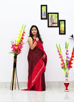 Red Pure Handloom Khesh Cotton Saree From Bengal