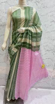 Green Kota Silk Flag Stripe Saree From Bhagalpur