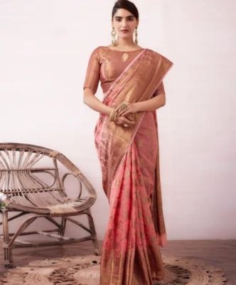 Rose Gold Pure Handloom Silk Cotton Saree From Banaras