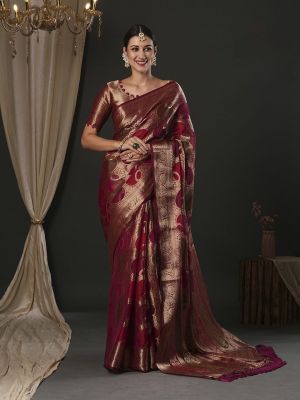 Wine Red Pure Handloom Organza Saree