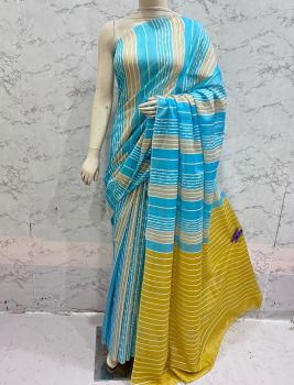 Teal Blue Kota Silk Flag Stripe Saree From Bhagalpur