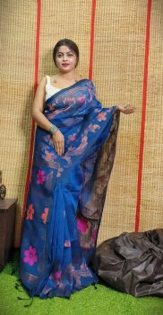 Blue Pure Handloom Linen By Linen Saree From Bengal