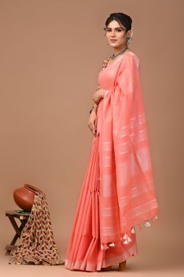 Rose Gold Pure Handloom Linen Cotton Saree From Bengal