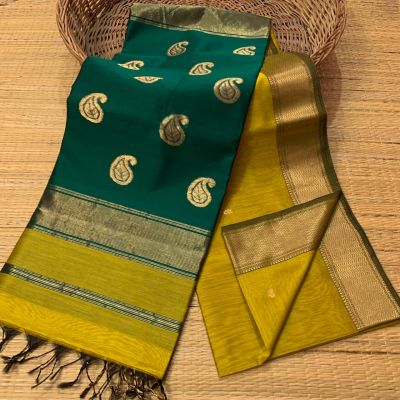 Green Pure Handloom Meheshwari Silk Cotton Saree From Bengal