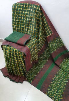 Dark Bottle Green Hand Block Printed Work Saree
