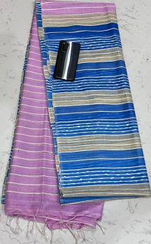 Purple And Blue Kota Silk Flag Stripe Saree From Bhagalpur