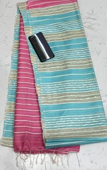 Light Blue And Pink Kota Silk Flag Stripe Saree From Bhagalpur