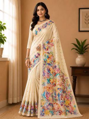 Off White Pure Handloom Semi Silk Kanthastitch Saree From Bengal