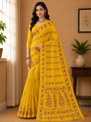 Yellow Pure Handloom Semi Silk Kanthastitch Saree From Bengal