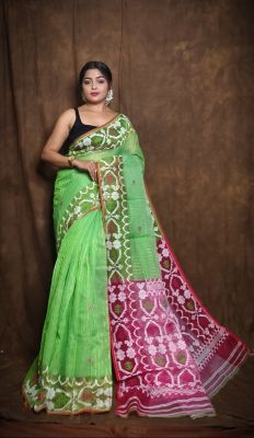 Lemon Green Pure Handloom Dhakai Jamdani Saree From Bengal